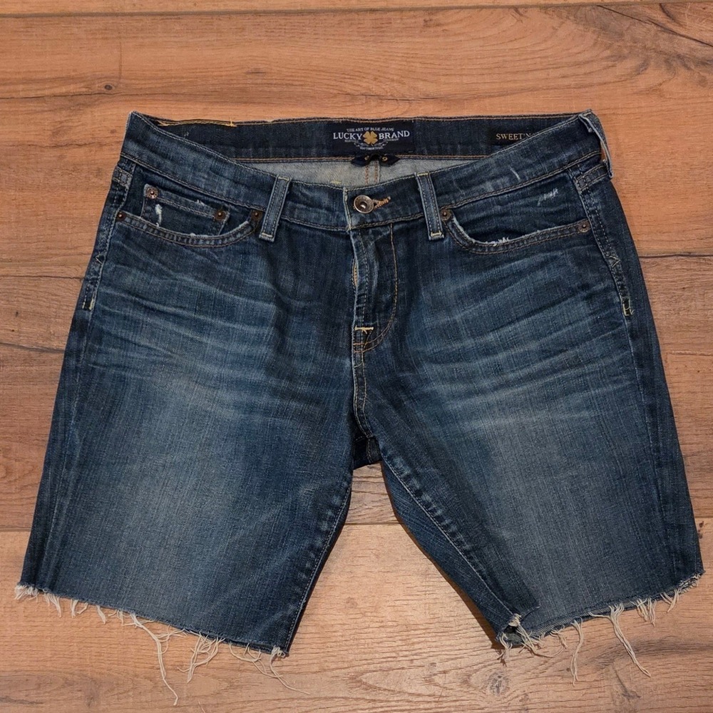 Lucky Brand Denim Jean Shorts Distressed Frayed Hem Dark Wash Size 8